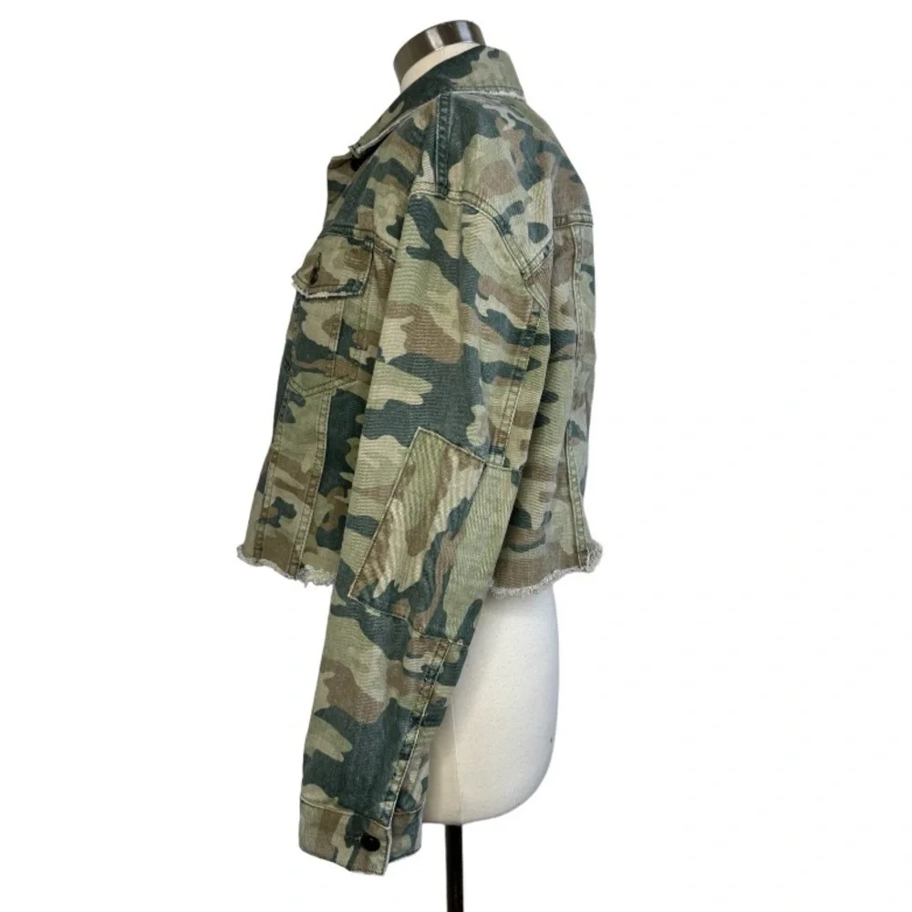 Free People Camo Cropped Jean Jacket in Green & Tan - Picture 2 of 13
